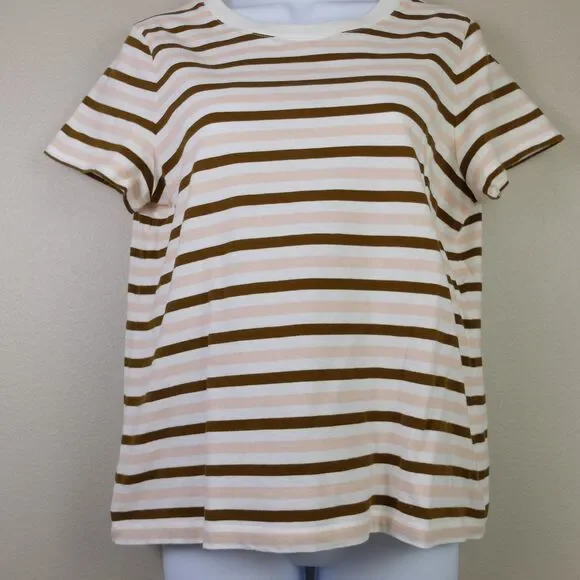 Madewell Women's Pink White Brown Striped Short Sleeve Cotton Tee Size Medium - Picture 3 of 6